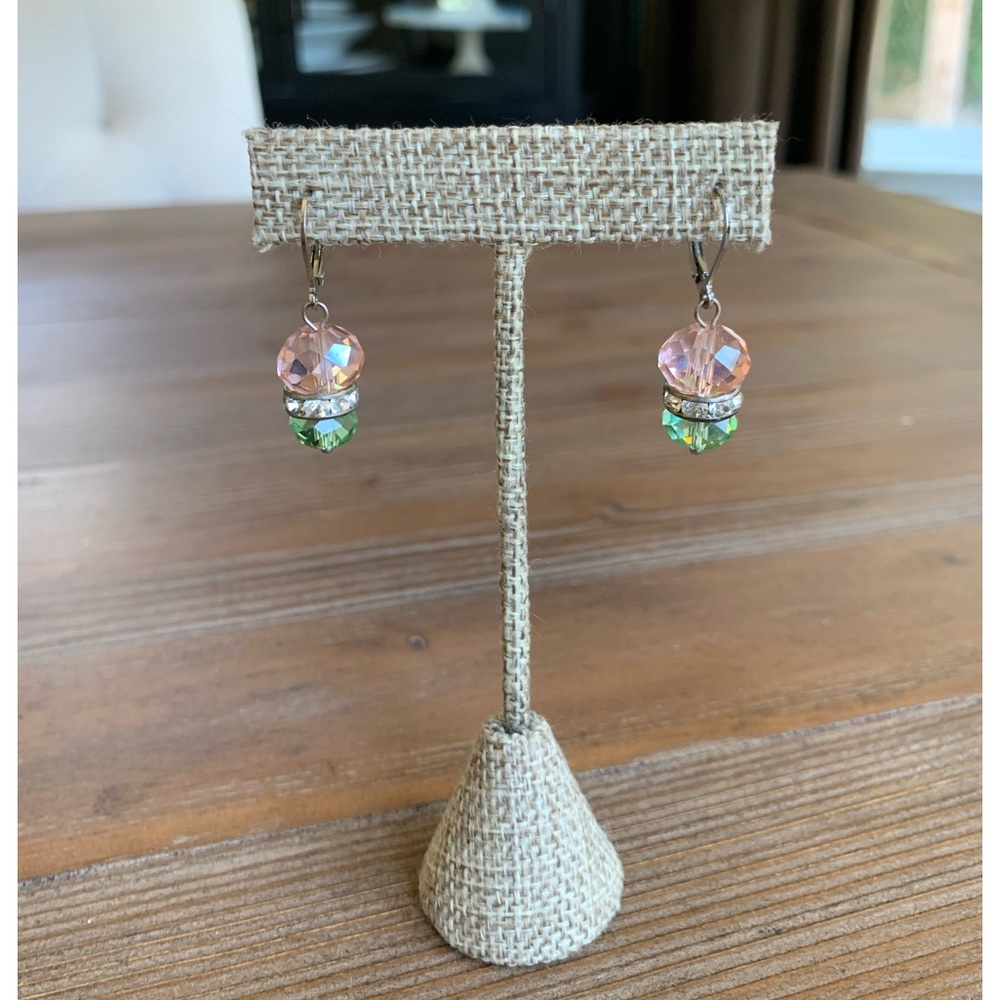 Pair of Swarovski Crystal Beaded Pale Pink and Green Dangle Silver Tone Earrings